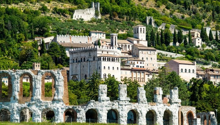 View of Gubbio with roman theatre in Umbria, Italy